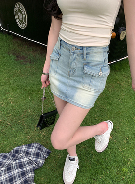 alex stevens浅蓝色工装牛仔半身裙女夏季高腰显瘦包臀裙性感短裙