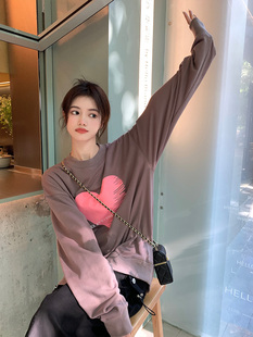 长袖 圆领宽松中长款 上衣 小众设计爱心灰色套头卫衣女秋季 xm定制