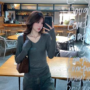t恤女春秋季 V領(lǐng)正肩內(nèi)搭長袖 stevens美式 上衣 打底衫 短款 修身 alex