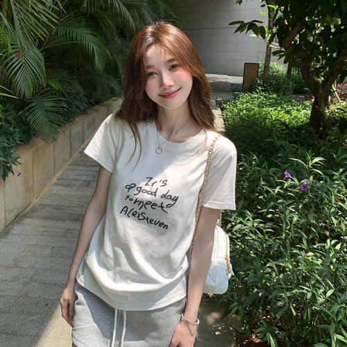 alex stevens字母刺绣设计感圆领短袖t恤女夏季宽松正肩外穿上衣