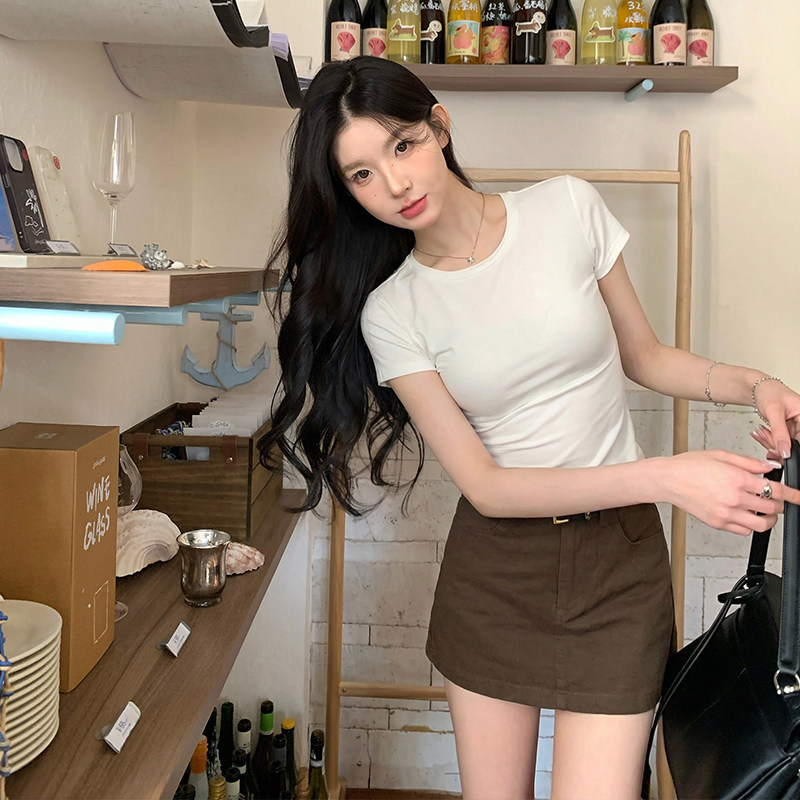 alex sevents纯色设计感T恤圆领短袖女夏季短款修身显瘦正肩上衣
