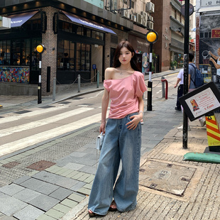 高腰顯瘦寬松闊腿褲 alex 直筒褲 水洗美式 stevens藍(lán)色牛仔褲 女夏季