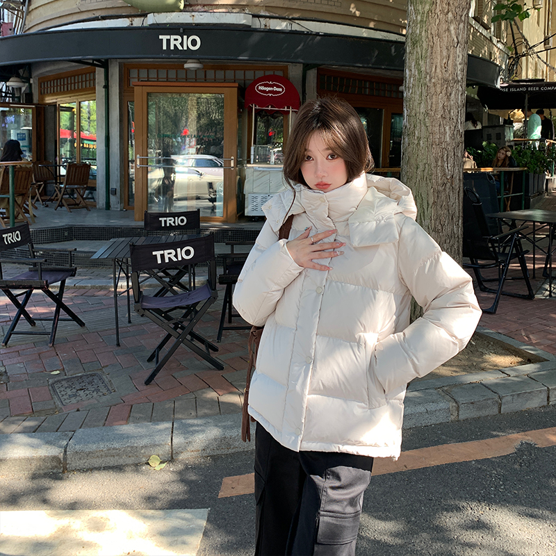 alex stevens超好看白色短款羽绒服女冬白鸭绒面包服连帽加厚外套