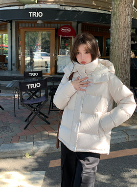 alex stevens超好看白色短款羽绒服女冬白鸭绒面包服连帽加厚外套