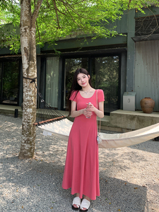 alex stevens 纯色修身短袖连衣裙女度假长裙夏季垂感中长款裙子