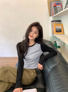 xm定制 插肩袖撞色设计感t恤女秋季圆领修身显瘦内搭外穿短款上衣