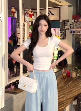 6/25 上午10点 大U领短袖T恤女白色修身显瘦短款上衣极简风