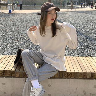 長袖 純色內搭上衣黑色純棉25春秋女 白色T恤寬松中長款 疊穿神器