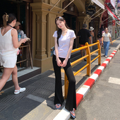 steven黑色微喇叭休闲裤 女夏季 显瘦宽松阔腿裤 alex 凉感垂垂裤 长