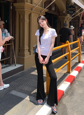 alex steven黑色微喇叭休闲裤女夏季显瘦宽松阔腿裤凉感垂垂裤长