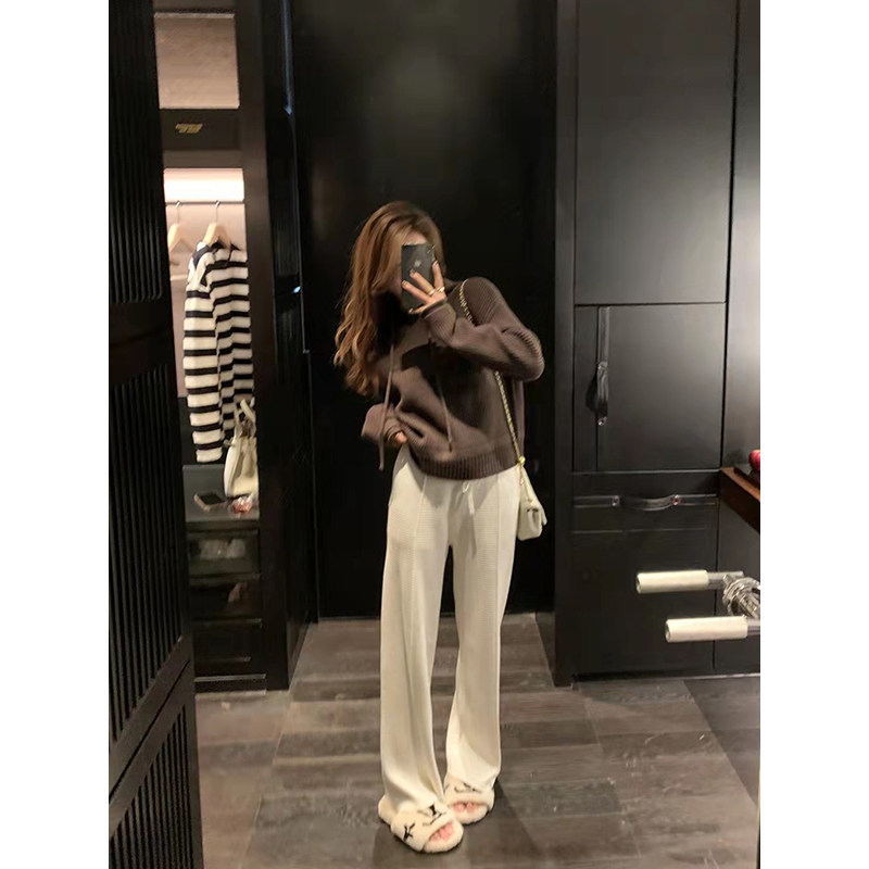 xm定制 慵懒风垂感直筒阔腿裤华夫格休闲裤子女长裤拖地宽松白色