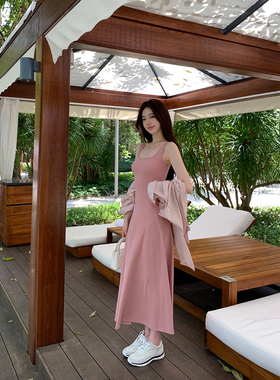 alex stevens宽肩带吊带连衣裙女纯色收腰显瘦长裙子海边度假
