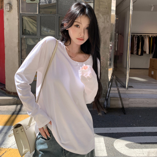 alex stevens叠穿打底衫白色纯色长袖T恤女秋季圆领宽松内搭上衣