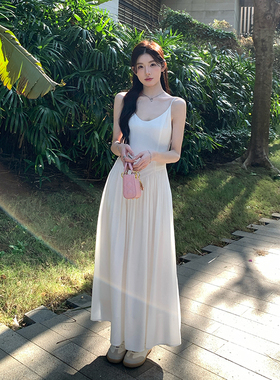 alex stevens初恋白色吊带连衣裙女夏季海边修身长款a字仙女裙子