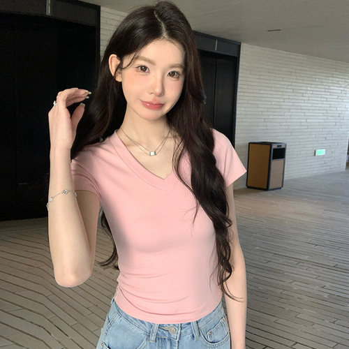 alex stevens多巴胺v领正肩短袖小上衣女夏季短款修身显瘦t恤独特