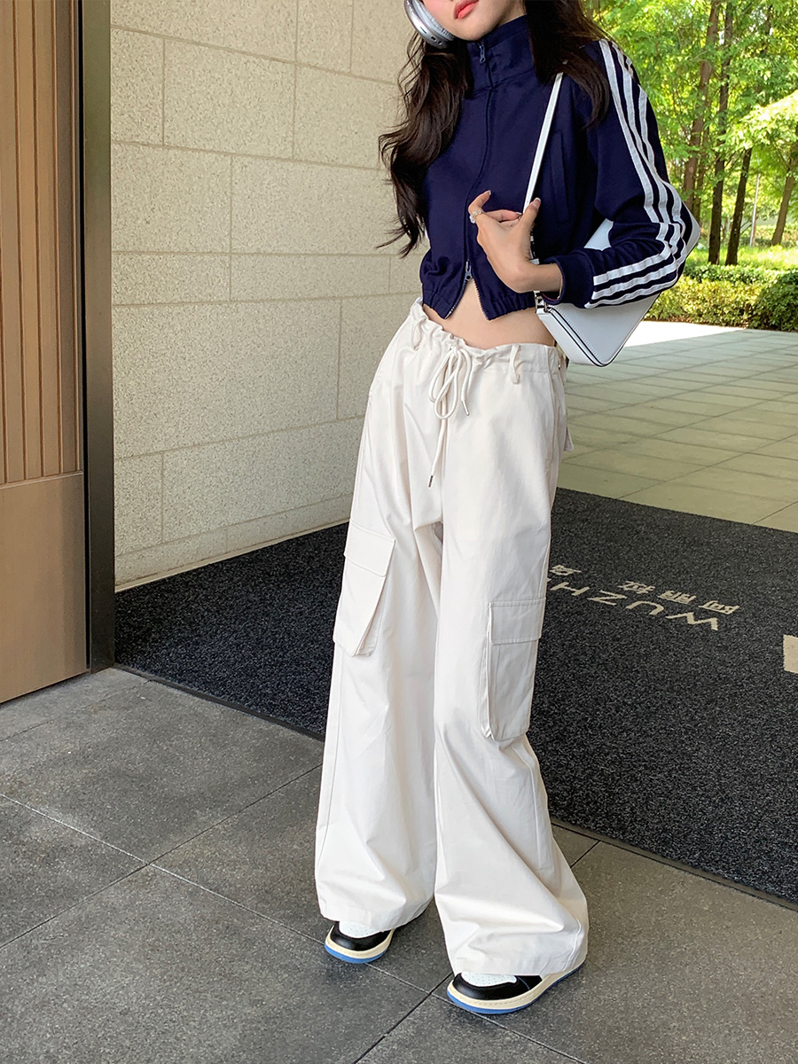 xm定制 系带白色休闲裤工装裤女夏季高腰显瘦直筒裤宽松阔腿裤子