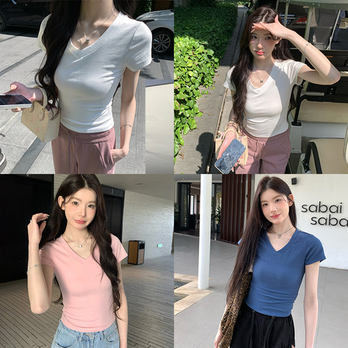 alex stevens多巴胺v领正肩短袖小上衣女夏季短款修身显瘦t恤独特