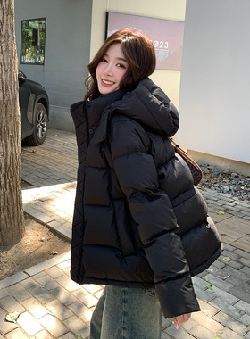 alex stevens超好看黑色短款羽绒服女冬白鸭绒面包服连帽加厚外套