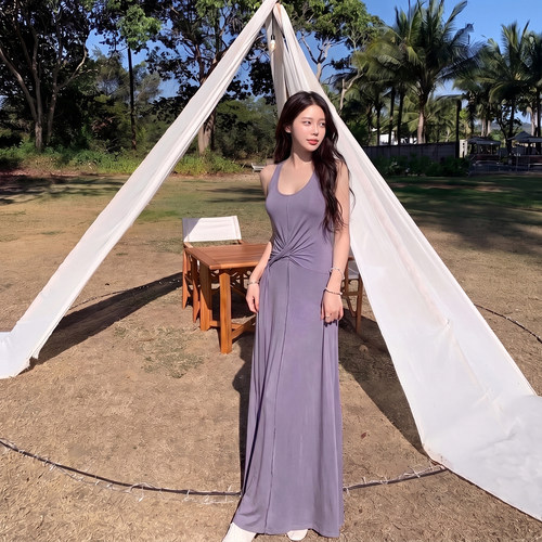 alex stevens度假风挂脖无袖吊带连衣裙女夏季修身扭结A字长裙子