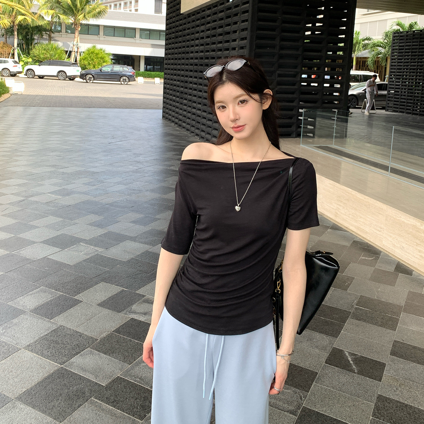 alex stevens 斜肩短袖T恤女夏季修身显瘦设计感露肩一字肩上衣