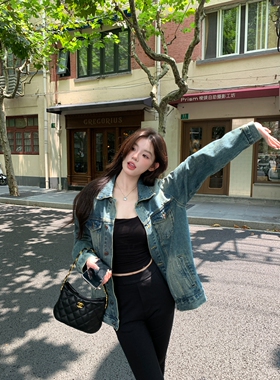 alex stevens复古水洗做旧牛仔外套女春秋季蓝色宽松休闲夹克上衣