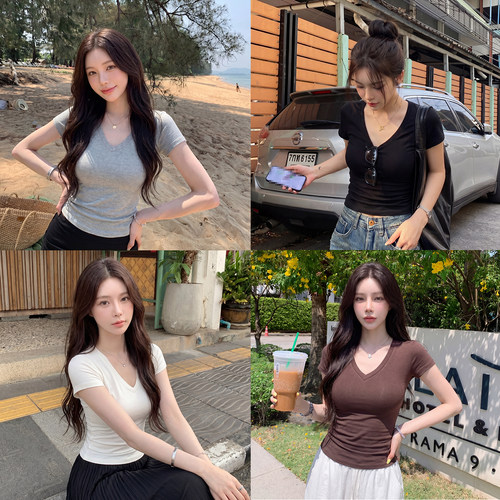 alex stevens 极简风V领短袖T恤女夏显瘦修身气质打底衫上衣