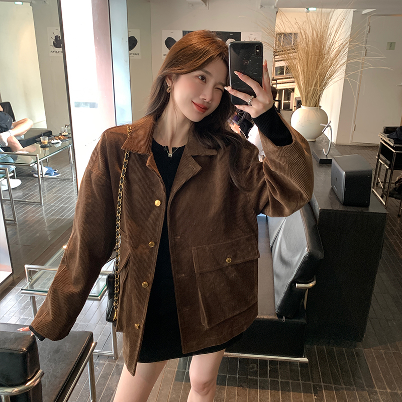 alex stevens美式灯芯绒休闲春秋chic外套女翻领宽松加厚夹克上衣