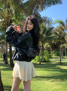 alex stevens 慵懒风环保皮衣外套女春秋季黑色短款夹克宽松上衣