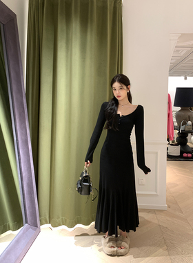 alex stevens 黑色连衣裙女春秋季修身内搭a字鱼尾裙长款打底裙子