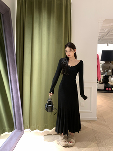 修身 alex stevens 黑色連衣裙女春秋季 打底裙子 內搭a字魚尾裙長款