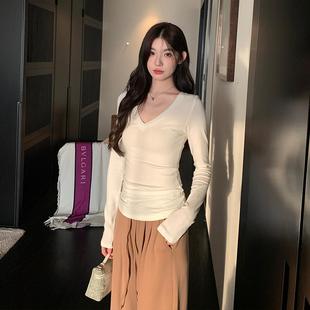 alex 長袖 打底衫 t恤女春秋保暖衣內(nèi)搭V領(lǐng)上衣外穿彈力 stevens美式