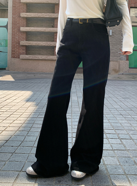 alex stevens 黑色高腰微喇叭牛仔裤女春季显瘦阔腿裤宽松长裤子