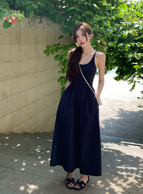 alex stevens蓝色无袖吊带连衣裙女夏季褶皱收腰显瘦背心裙长裙子