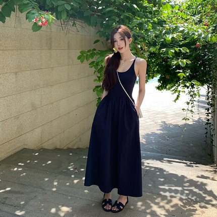 alex stevens蓝色无袖吊带连衣裙女夏季褶皱收腰显瘦背心裙长裙子