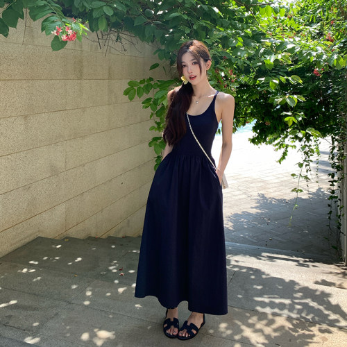 alex stevens蓝色无袖吊带连衣裙女夏季褶皱收腰显瘦背心裙长裙子