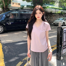 alex stevens基础款纯色V领短袖T恤女夏季短款宽松显瘦正肩上衣