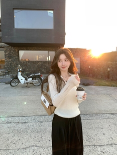 alex stevens V领长袖针织衫毛衣女春秋短款修身显瘦打底内搭上衣