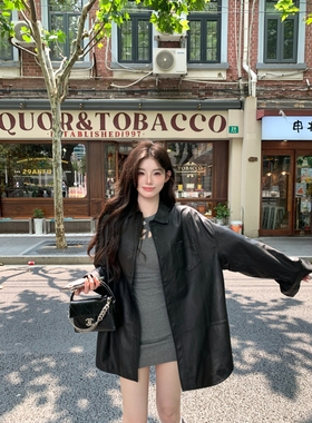 alex stevens复古擦色皮衣外套女2025新款秋季中长款黑色机车夹克