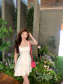 alexstevens白色方领吊带连衣裙女性感收腰春夏修身 短裙A字裙子