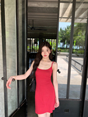 alex stevens纯欲辣妹收腰显瘦吊带连衣裙女夏红色修身 a字短裙子