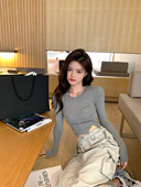 小众针织衫 T恤纯欲辣妹圆领短款 打底衫 alex 女春秋季 长袖 修身 上衣