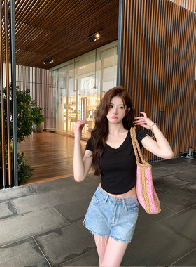 alex stevensV领短袖T恤女修身显瘦上衣白色纯欲辣妹黑色