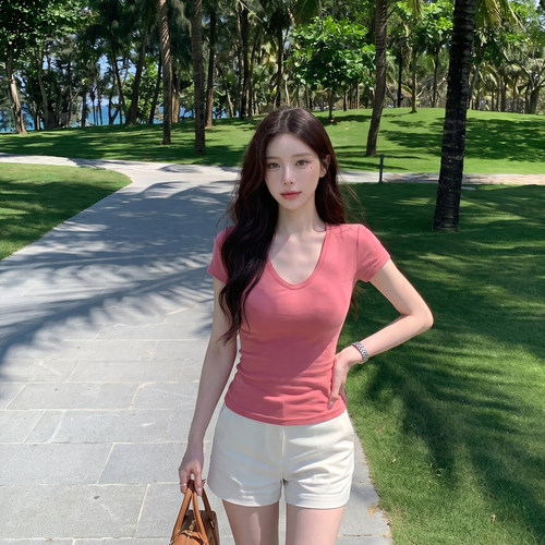 alex stevens 短款掐腰V领短袖T恤女夏季新款修身显瘦纯色小上衣