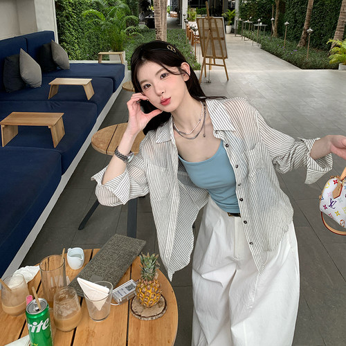 alex stevens薄款好看条纹衬衫女春夏季长袖防晒衬衣宽松上衣外套