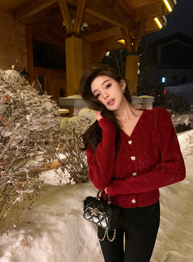 alex stevens纯欲V领针织衫女春秋打底上衣内搭毛衣红色圣诞新年