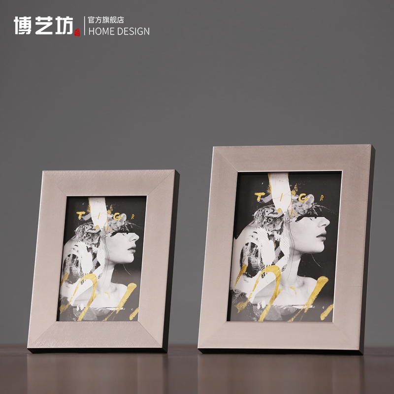 现代简约轻奢实木银色6 7寸相框摆件 时尚创意家居客厅装饰品摆设