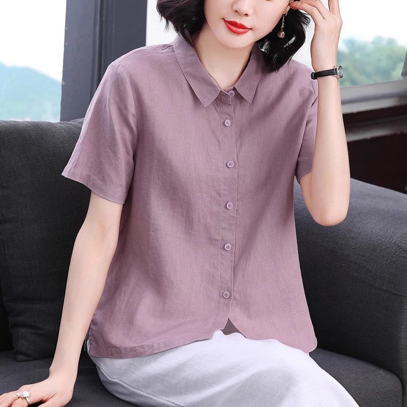 百搭洋气紫色宽松棉麻短袖衬衫女