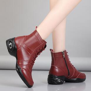 红色成人运动舞蹈鞋女软底外穿秋冬加绒轻便广场舞鞋水兵舞跳舞鞋