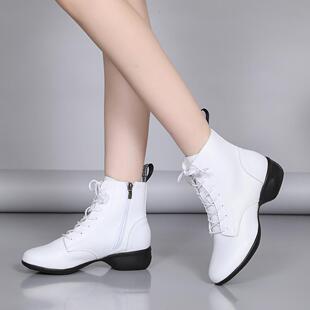 白色水兵舞蹈鞋女软底秋冬加绒成人外穿广场舞真皮跳舞鞋舞蹈靴子