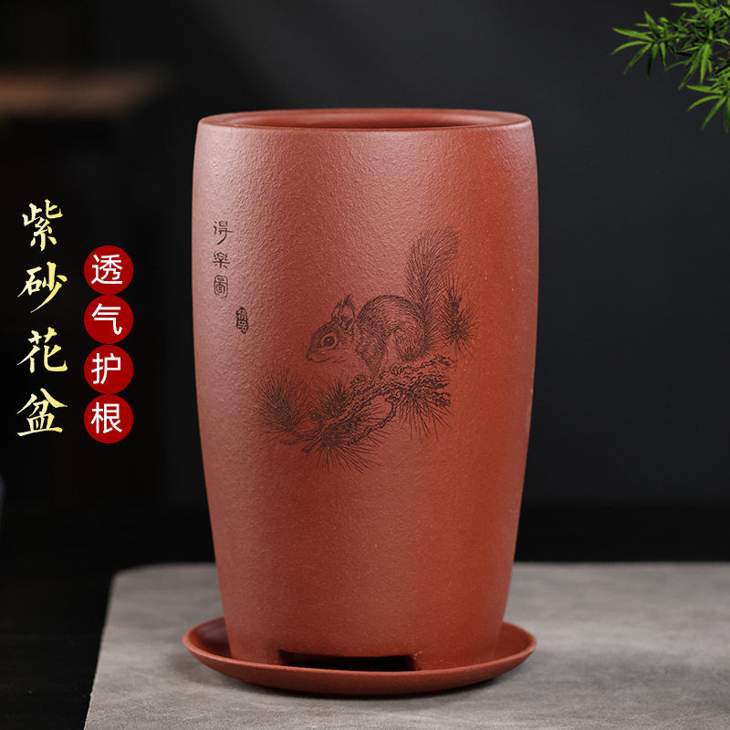 兰花盆透气紫砂盆带托盘特价图片